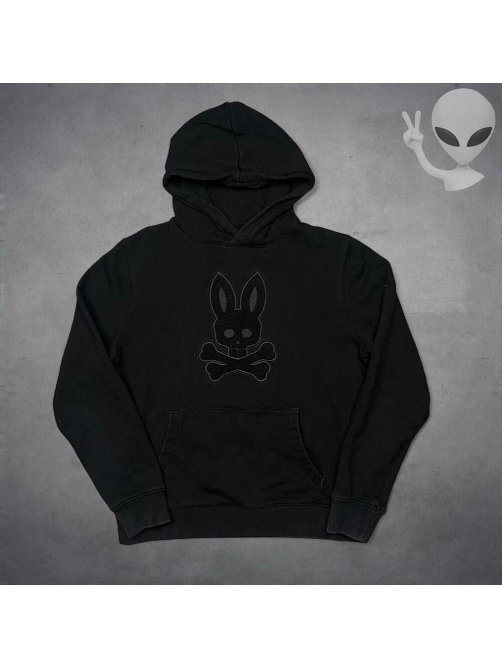 Psycho Bunny Black Tonal Embroidered Bunny Logo Pullover Hoodie Womens XS Fleece